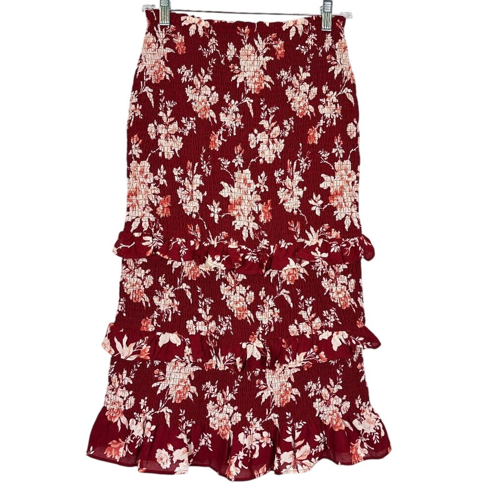 Abercrombie & Fitch Burgundy Floral Ruffle Midi Skirt